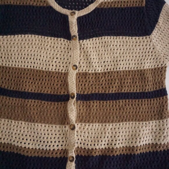Vintage Christopher & Banks Navy Taupe Cotton Blend Button Cardigan Sweater M - Picture 6 of 9